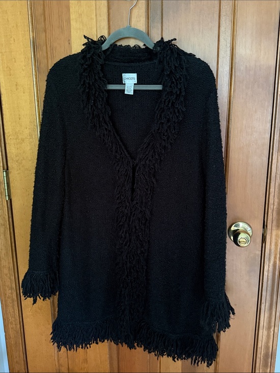 Chico's Sweaters - Chico's Black Fringe Trim Open-Front Long Cardigan